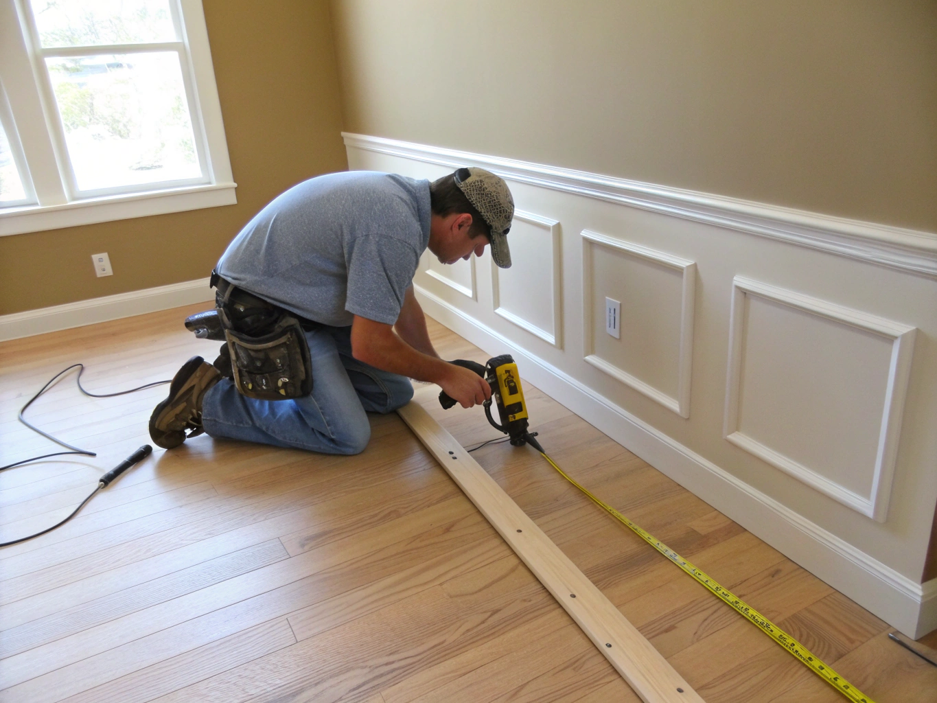 Skilled carpenter measuring and installing custom wood trim