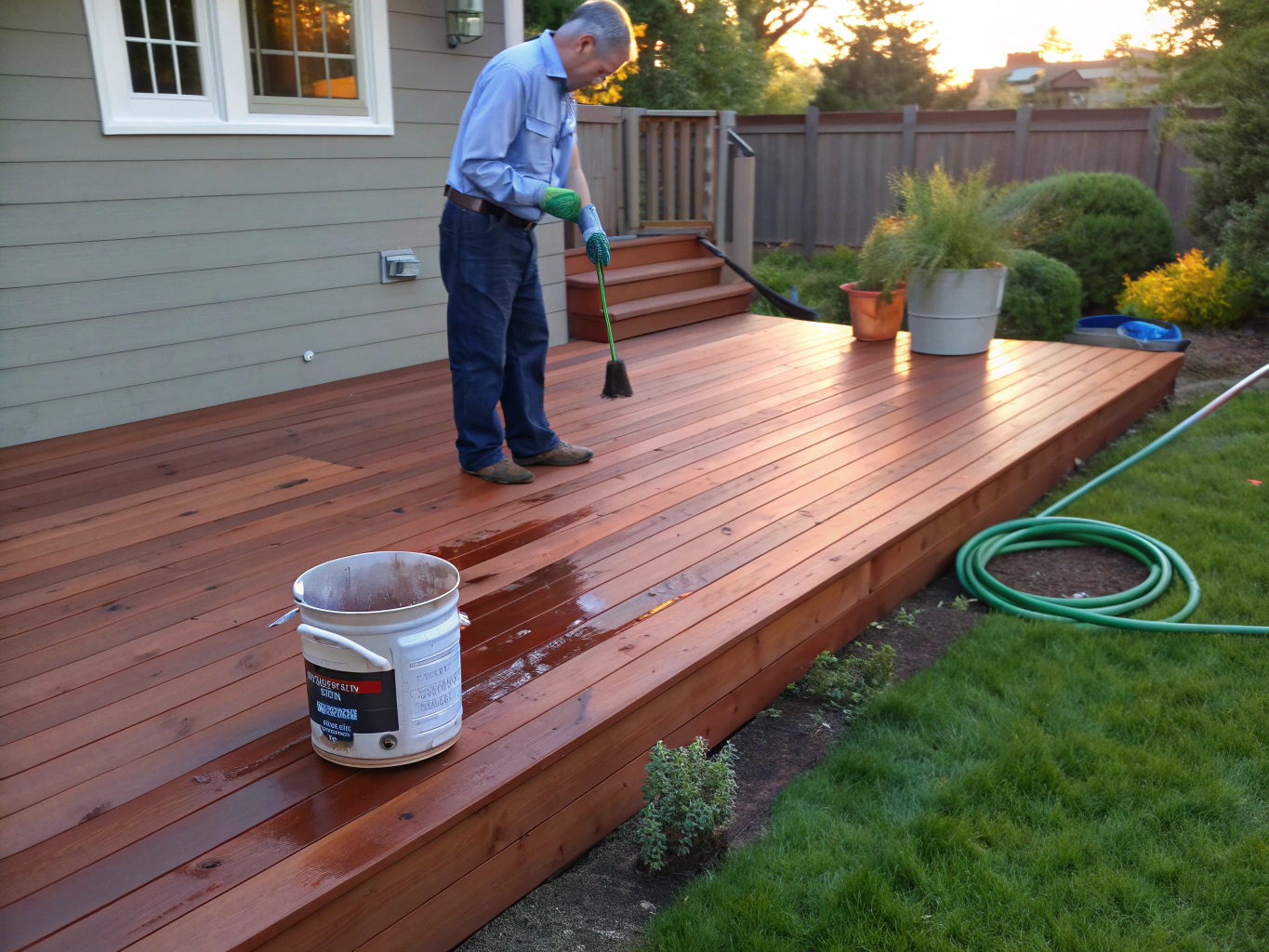 Restored cedar deck with fresh stain and new handrails