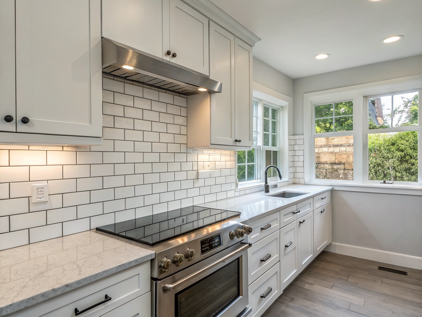 Installed kitchen subway tile backsplash behind countertops