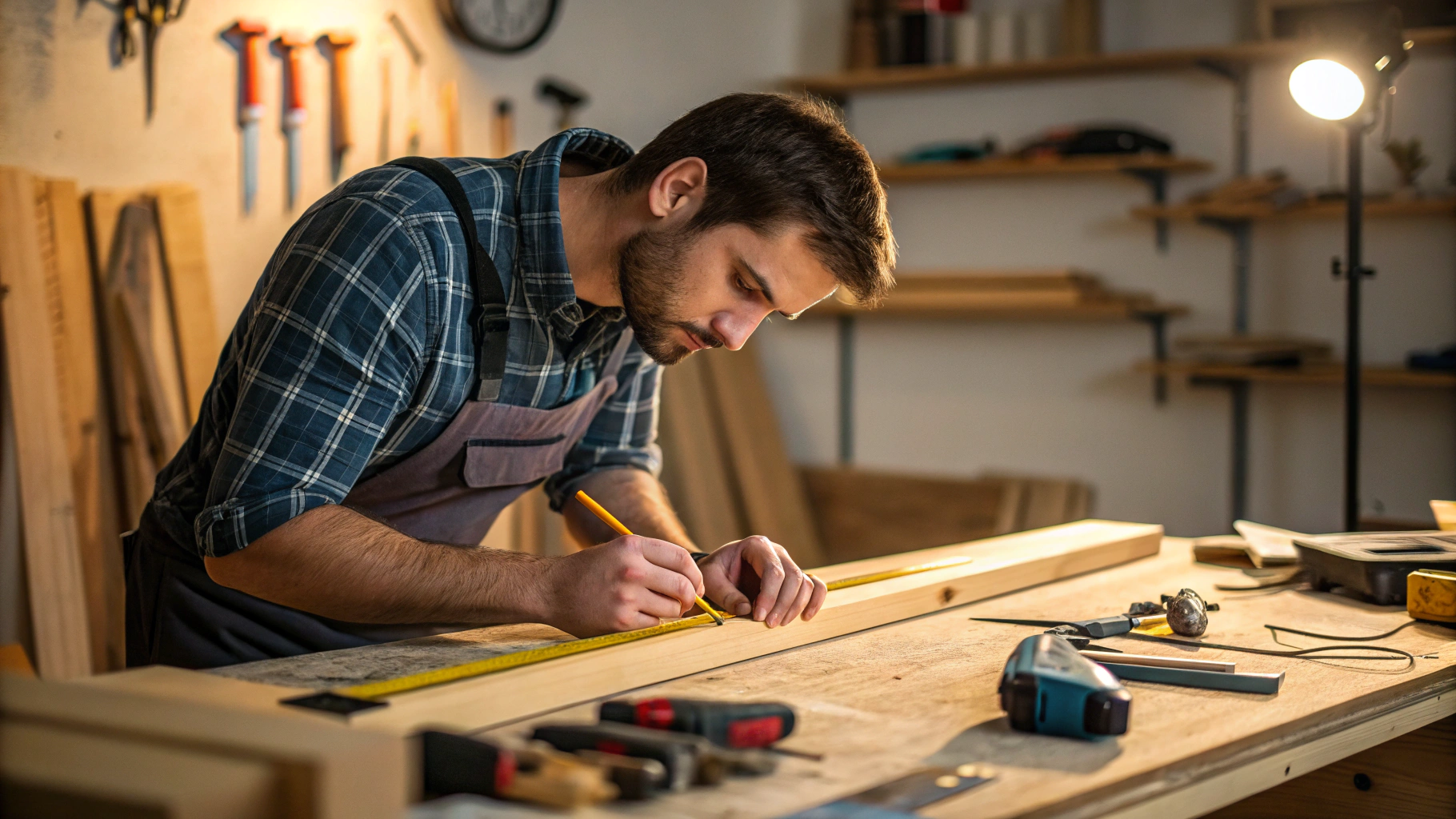 Craftsman measuring and cutting custom wood trim with precision