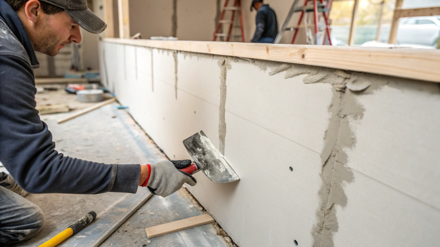 Professional drywall patch and smooth trowel compound application