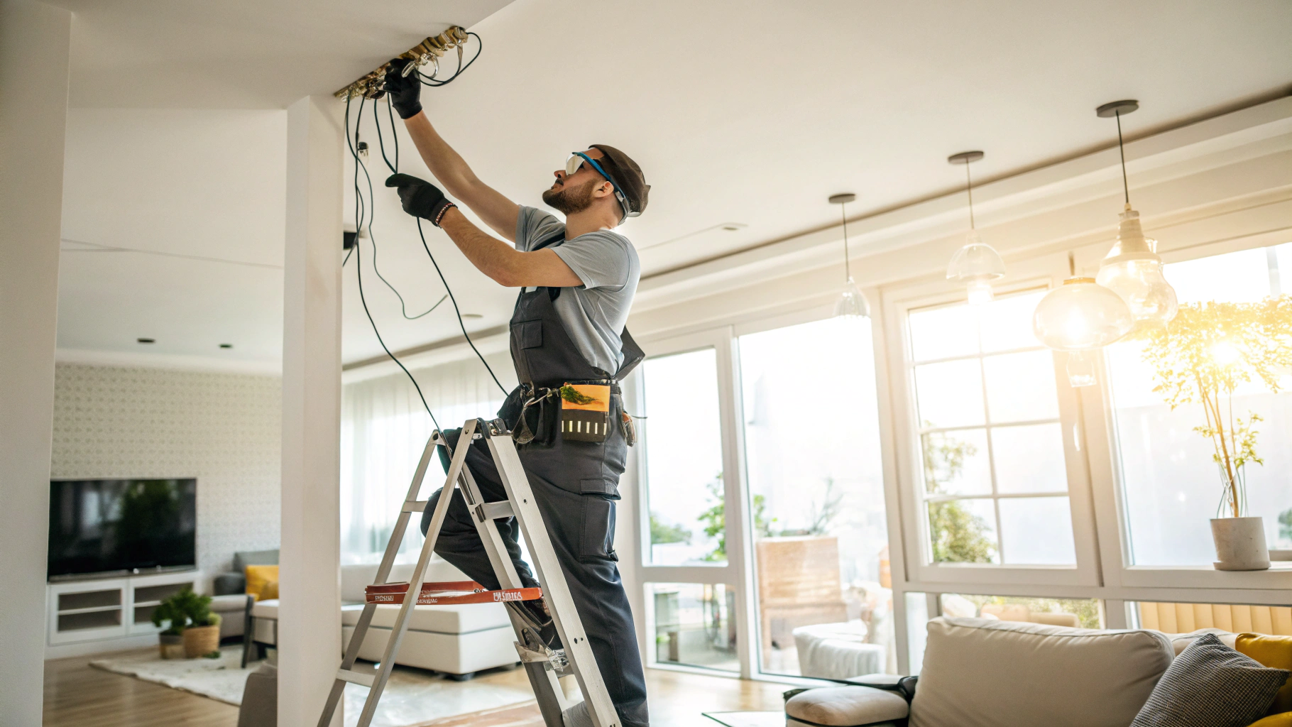 Electrician safely wiring a recessed ceiling light fixture