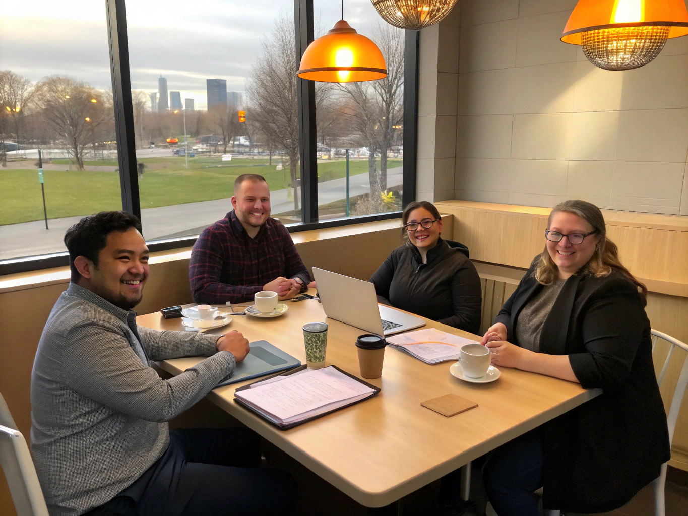 Franchise owners reviewing operational business metrics
