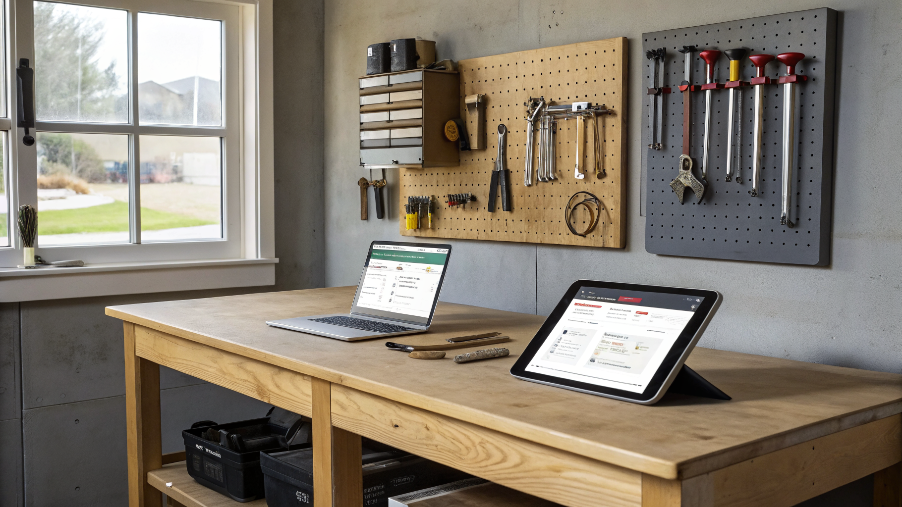 Organized workshop workbench and assembled structural storage shelving