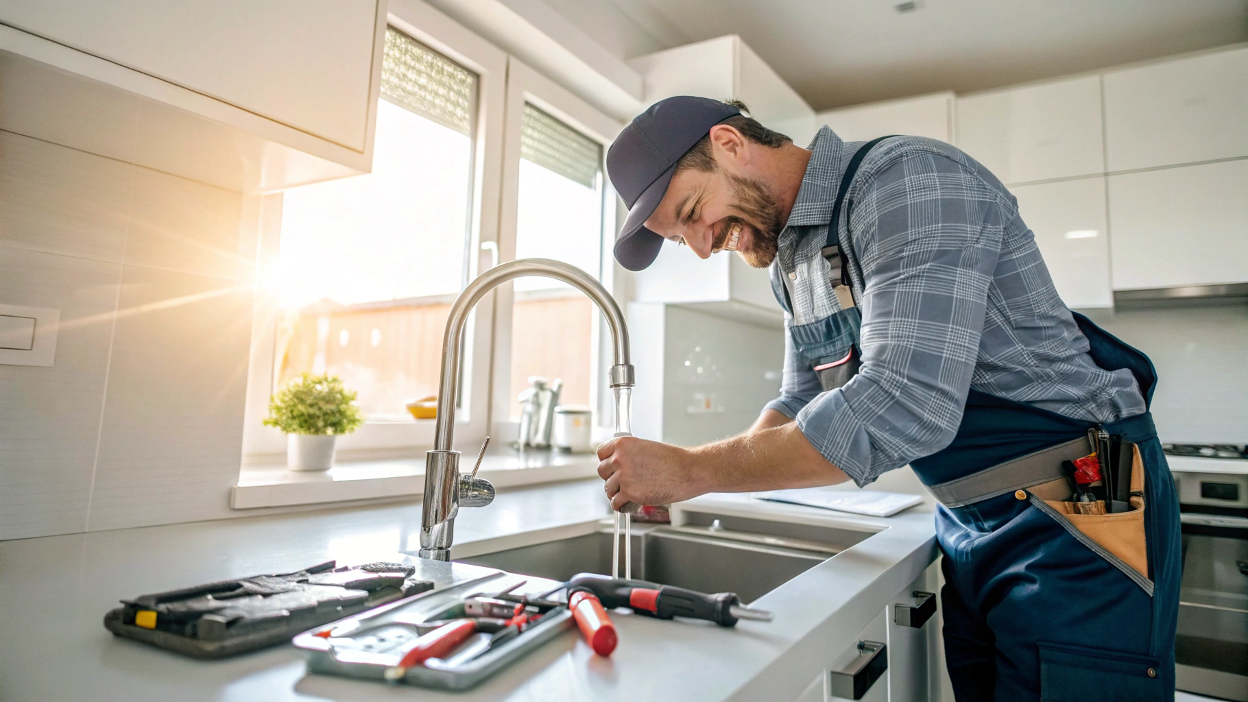Technician installing a modern kitchen sink faucet fixture